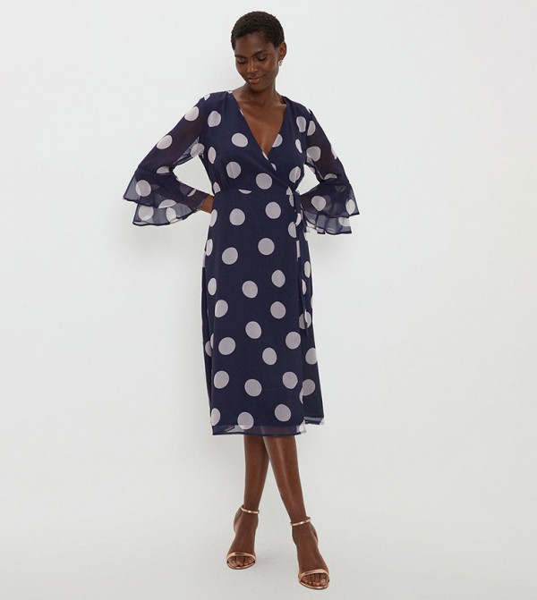 Blue and white polka dot wrap dress best sale