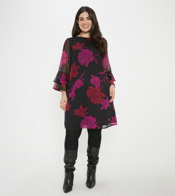 Buy Wallis Floral Print Flute Sleeves Shift Dress In Black