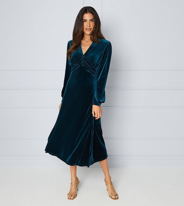 Buy Wallis Velvet Ruched Button Detail Midi Dress In Teal | 6thStreet ...