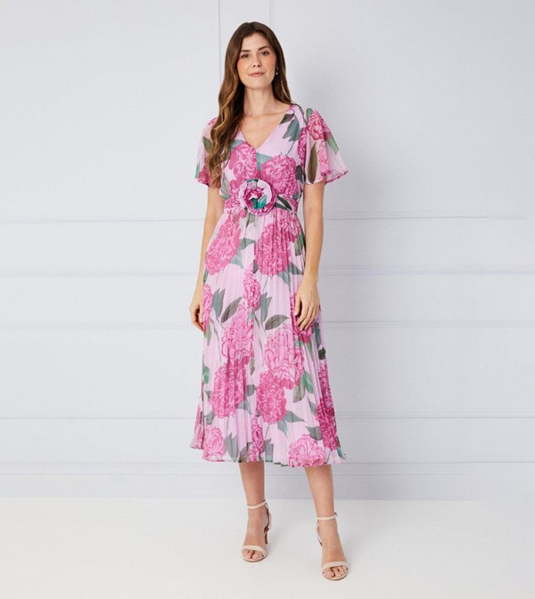 Floral Corsage Waistband Midi Dress