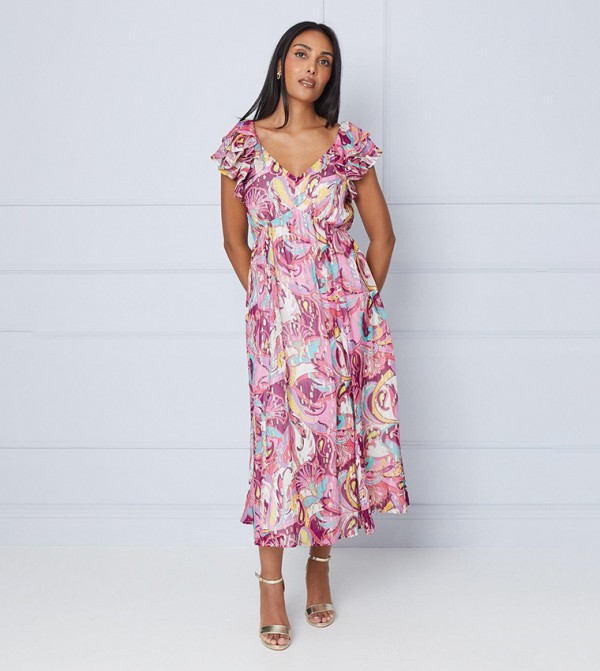 Petite Paisley Metallic Ruffle Shoulder Midi Dress