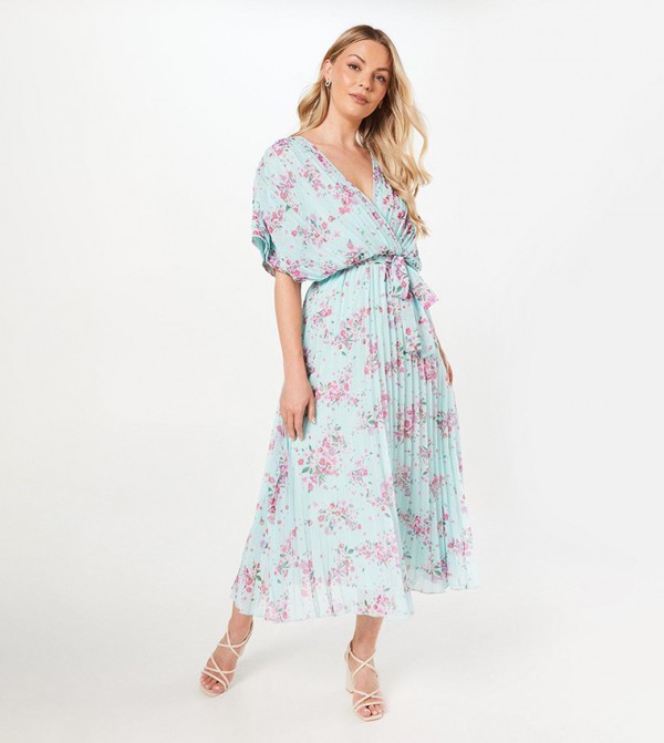Floral Print Pleated Kimono Midaxi Dress