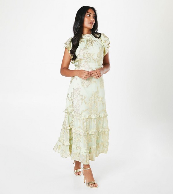 Petite Metallic Ruffle Sleeves Midaxi Dress