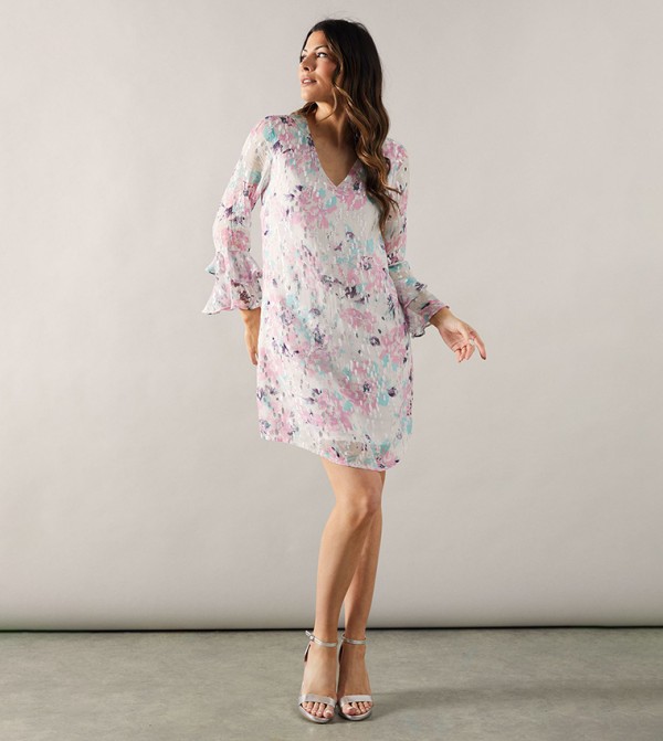 Floral Printed Metallic Ruffle Sleeves Shift Dress