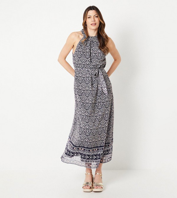 Printed Tile Border Belted Midi Dress
