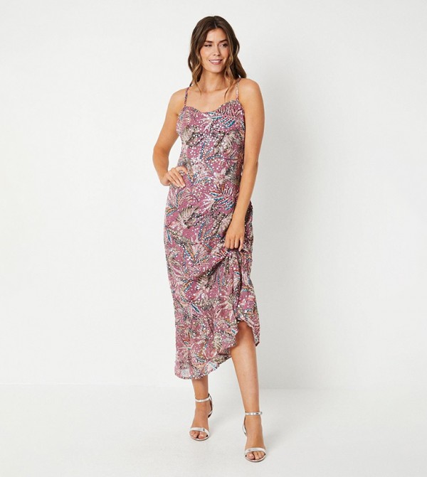 Sequined Detail Palm Print Cowl Neck Midi Dress