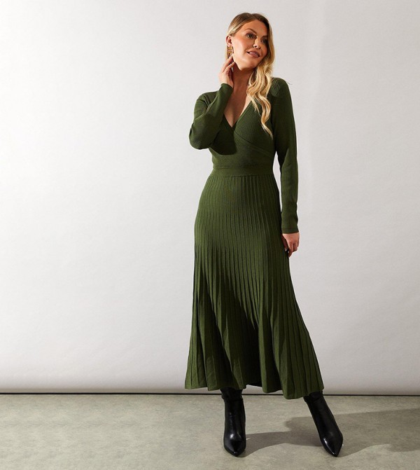 V-Neck Pleated Skirt Wrap Midi Dress