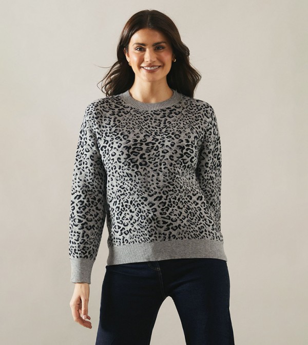 Animal Jacquard Crew Neck Sweater