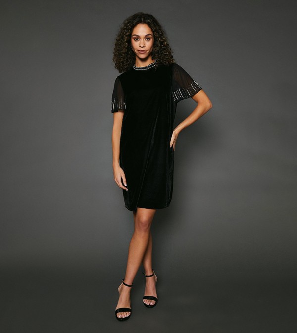 Velvet Embellished Shift Dress