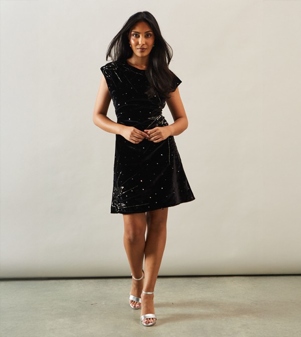 Petite Velvet Embellished Shift Dress