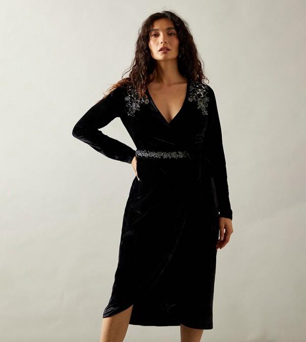 Velvet Embellished Wrap Midi Dress