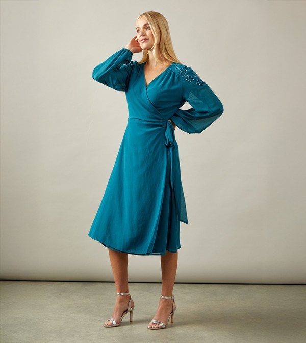 Petite Embellished Shoulder Wrap Midi Dress