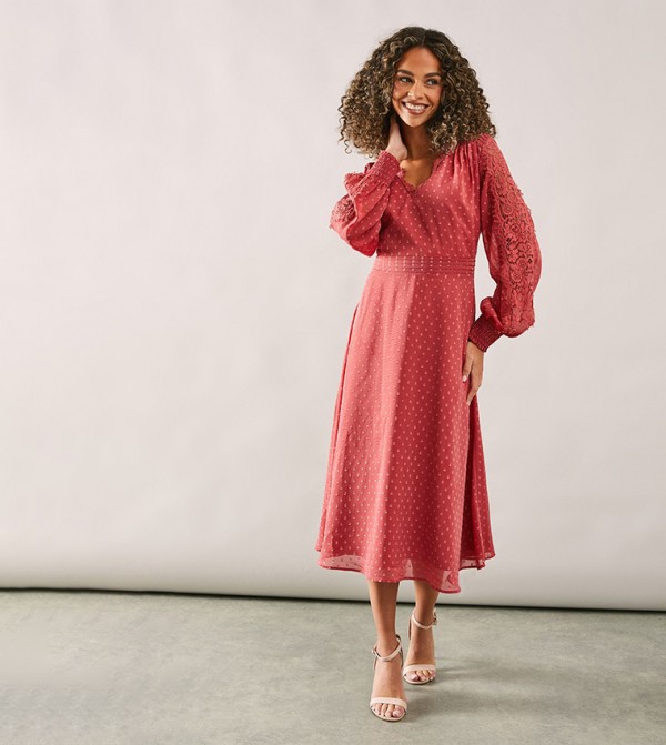 Pleat Detail Lace Midi Dress