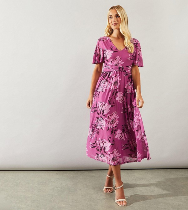 Petite Floral Printed Mesh Wrap Waist Midi Dress