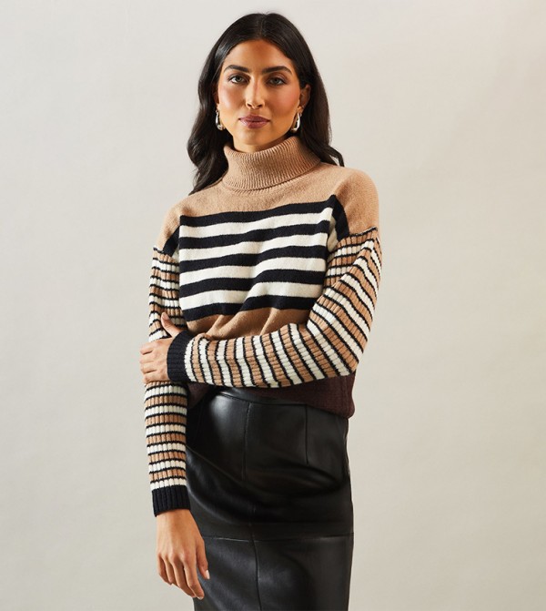Striped Roll Neck Slouchy Sweater