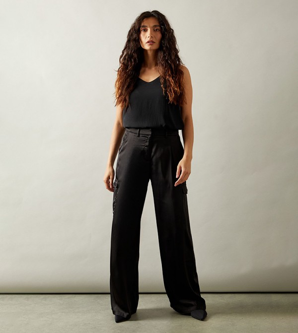 Solid Cargo Satin Wide Leg Trousers