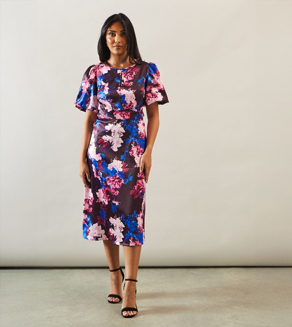 Petite Printed Satin Wrap Waist Midi Dress