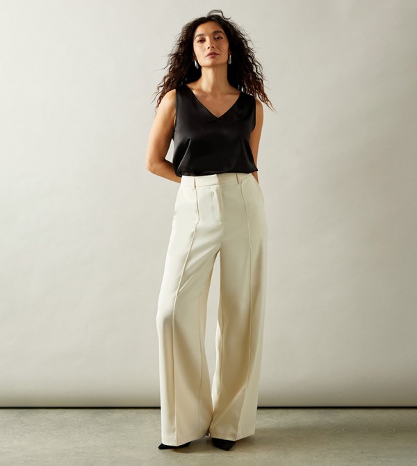 High Waist Pintuck Wide Leg Trousers