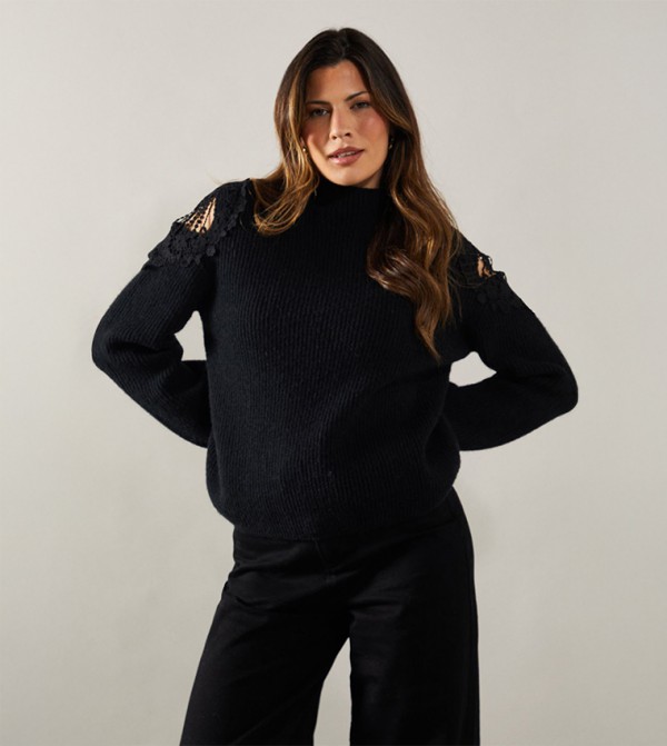 Lace Cold Shoulder Detail High Neck Sweater