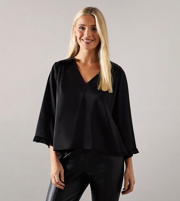 Petite Satin Flute Sleeves Frill Detail Top