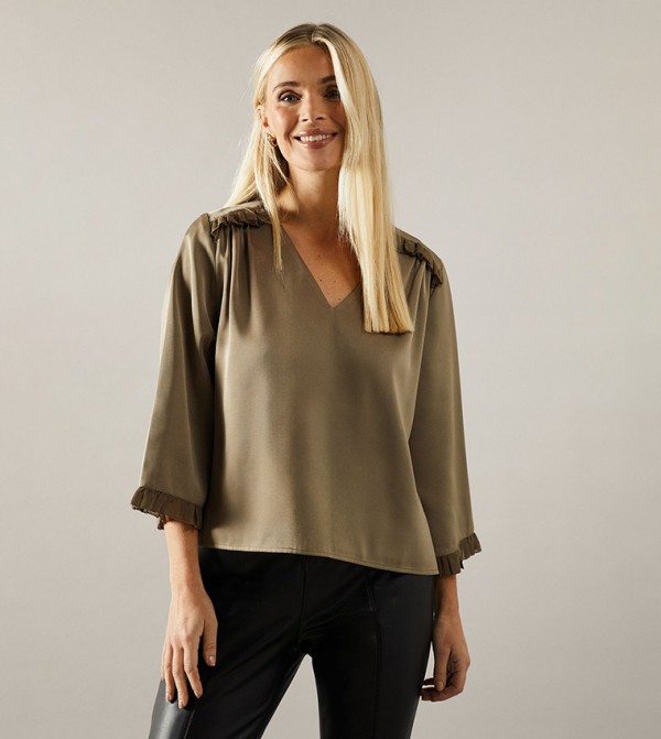 Petite Satin Flute Sleeves Frill Detail Top