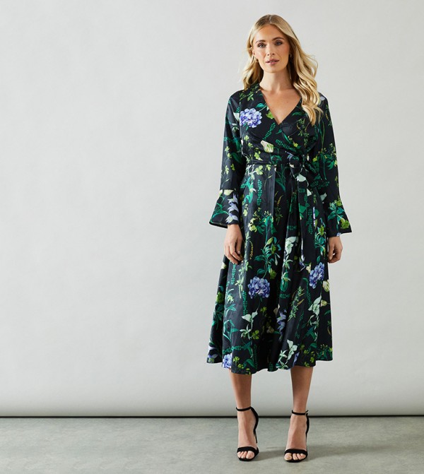 Petite Floral Printed Satin Jacquard Wrap Midi Dress