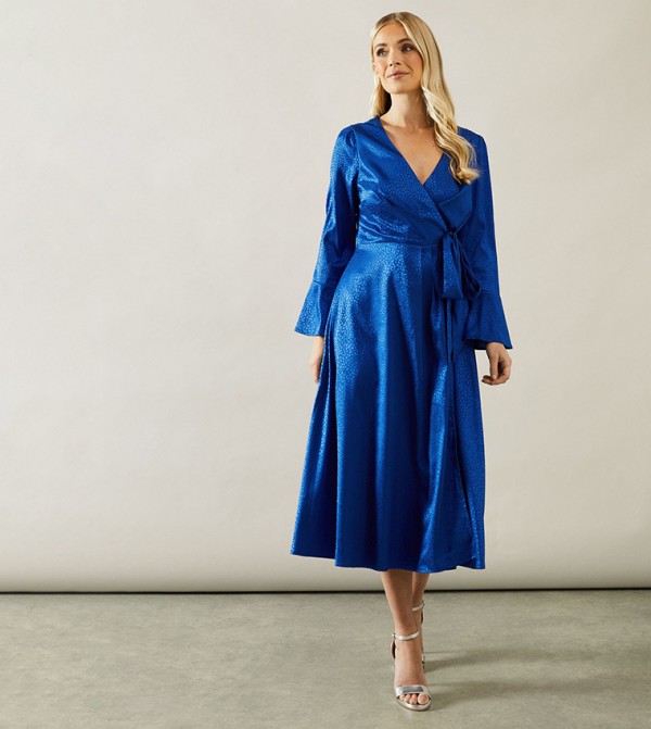 Petite Animal Printed Satin Jacquard Wrap Midi Dress