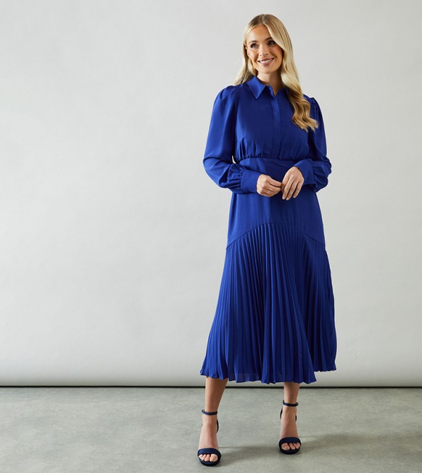 Petite Collared Pleated Shirt Midi Dress