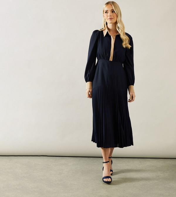 Petite Contrast Collar Pleated Shirt Midi Dress