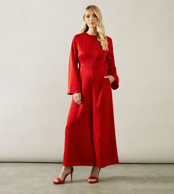 Petite Trumpet Sleeves Wide Leg Crepe Jumpsuit