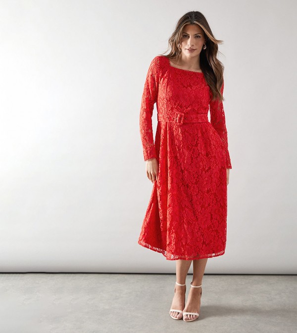 Lace Square Neck Belted Dress