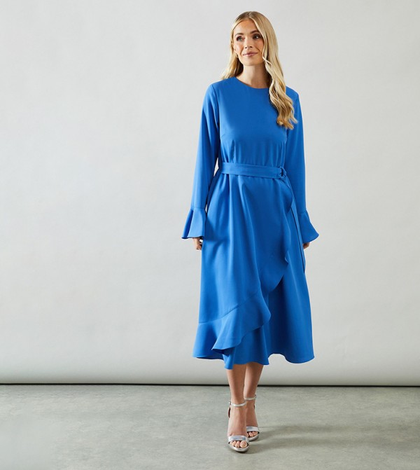 Petite Ruffle Front Belted Midi Dress