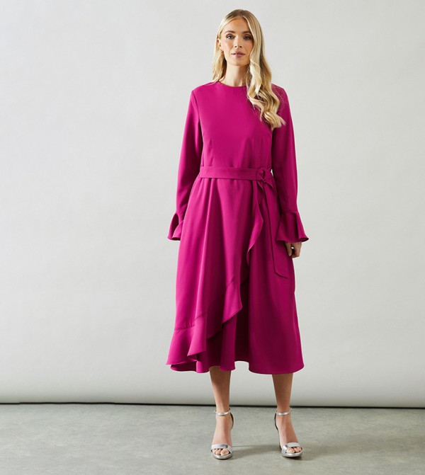 Petite Ruffle Front Belted Midi Dress