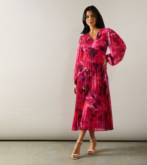 Printed Blouson Sleeves Pleated Skirt Midaxi Dress