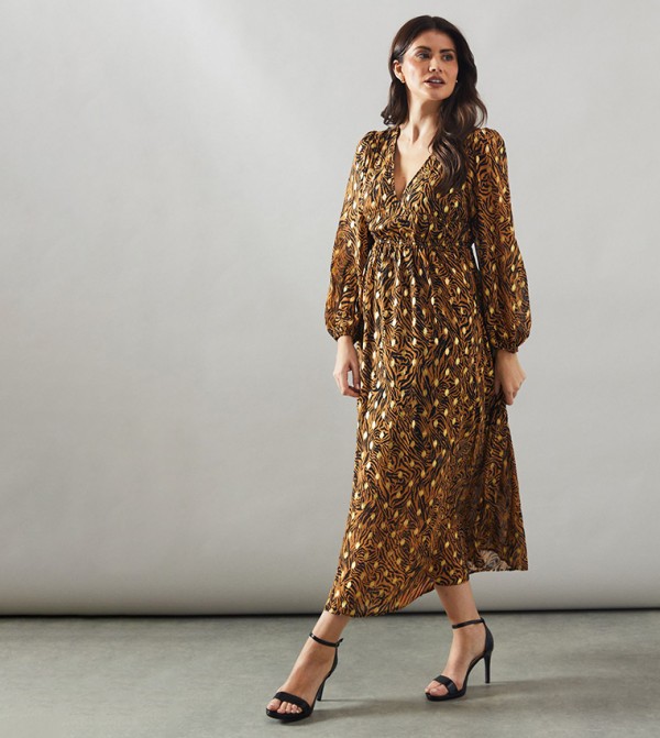 Animal Printed Blouson Sleeves Metallic Midi Dress