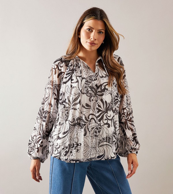 Printed Pleated Blouson Sleeves Top