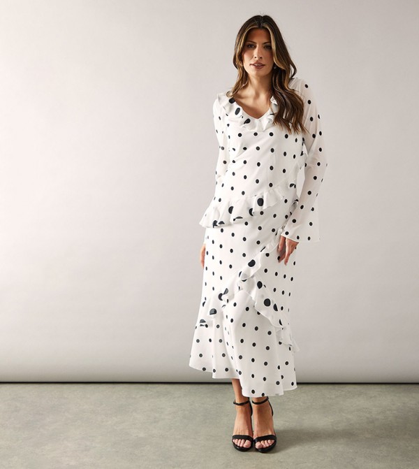 Polka Dots Mix Ruffle Asymmetric Dress