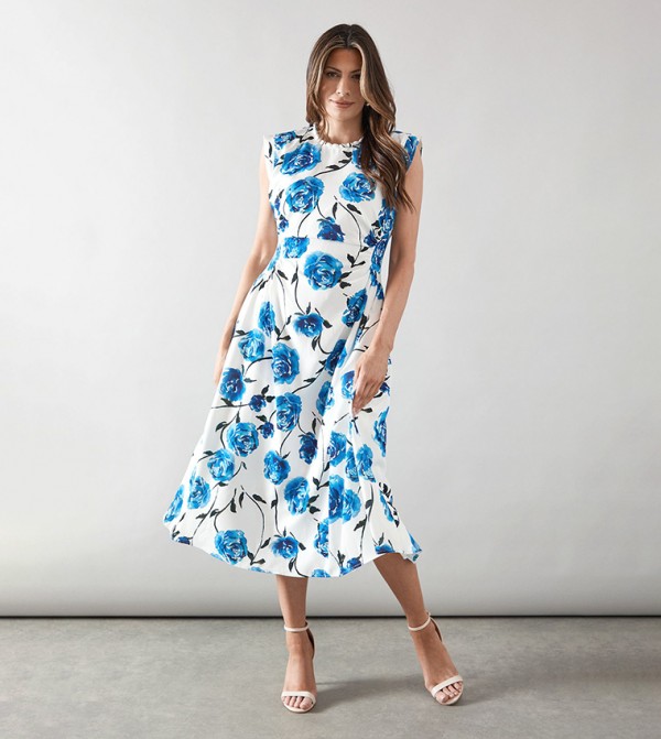 Printed Bead Detail Midi Dress