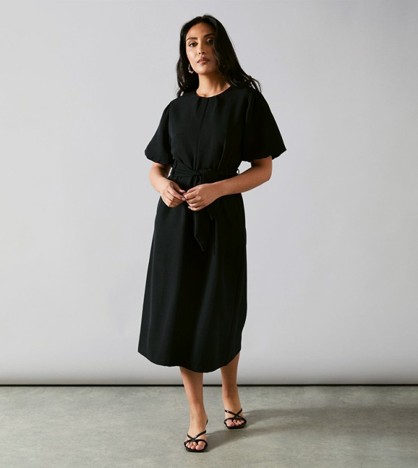 Petite Puff Sleeves Key Hole Detail Belted Midi Dress