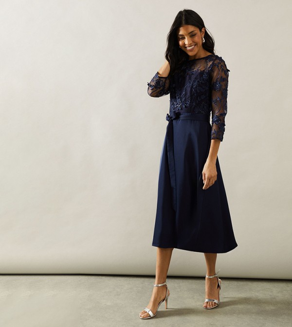 Satin and Mesh Overlay Fit and Flare Dress