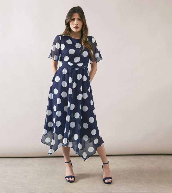 Polka Dots Twist Front Midi Dress
