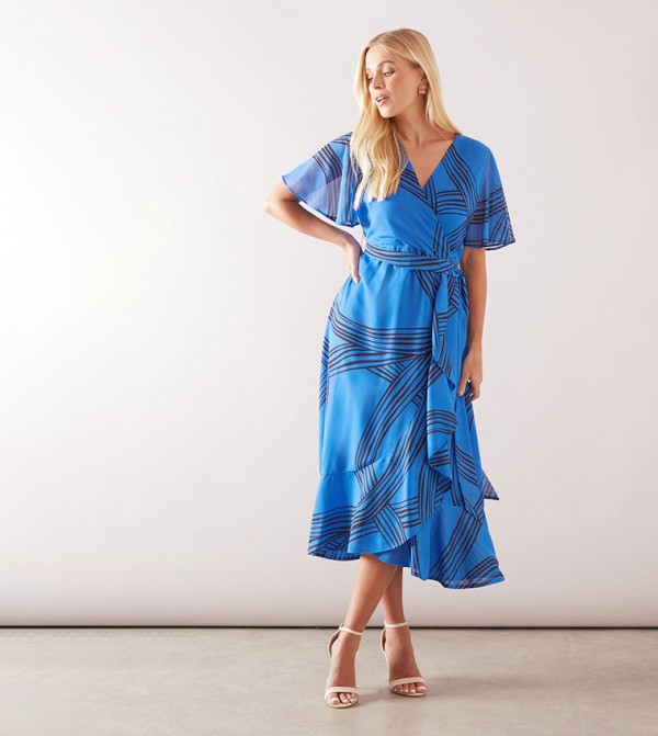 Petite Geo Ruffle Wrap Belted Midi Dress