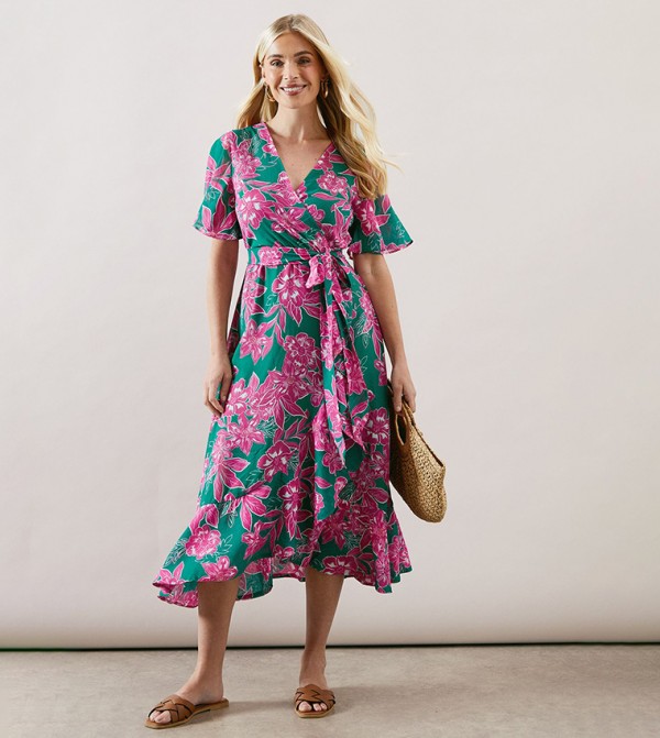 Petite Floral Ruffle Wrap Belted Midi Dress