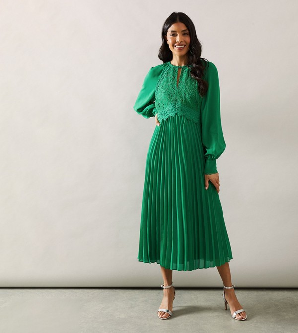 Lace Insert Pleated Midi Dress