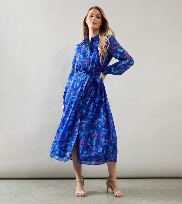 Floral Printed Long Sleeves Midi Shirt Dress