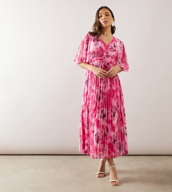 Petite Floral Printed Pleated Cape Sleeves Midi Dress