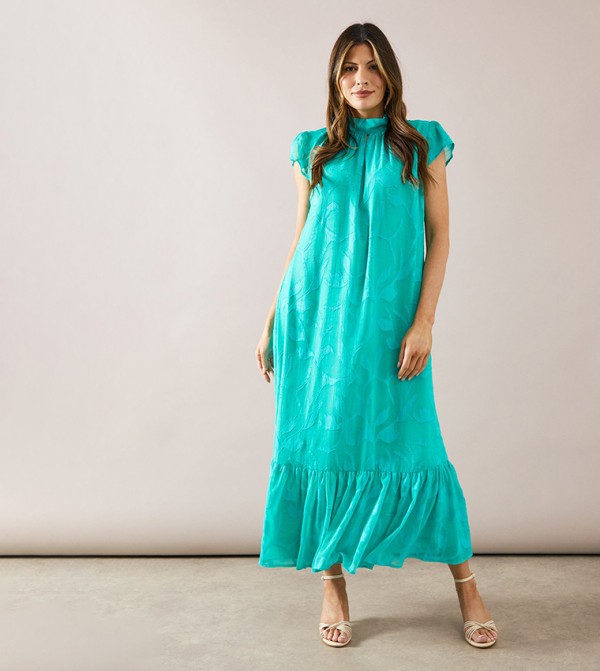Floral Printed Jacquard Drop Hem Swing Midaxi Dress