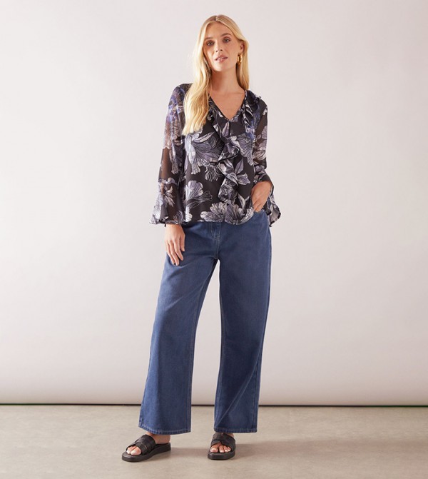 Petite Stencil Floral Ruffle Detail Top
