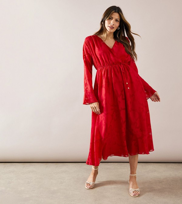 Floral Printed Jacquard Flounce Sleeves Midi Dress