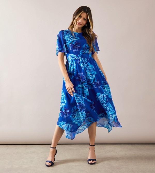 Floral Chiffon Twist Front Midi Dress
